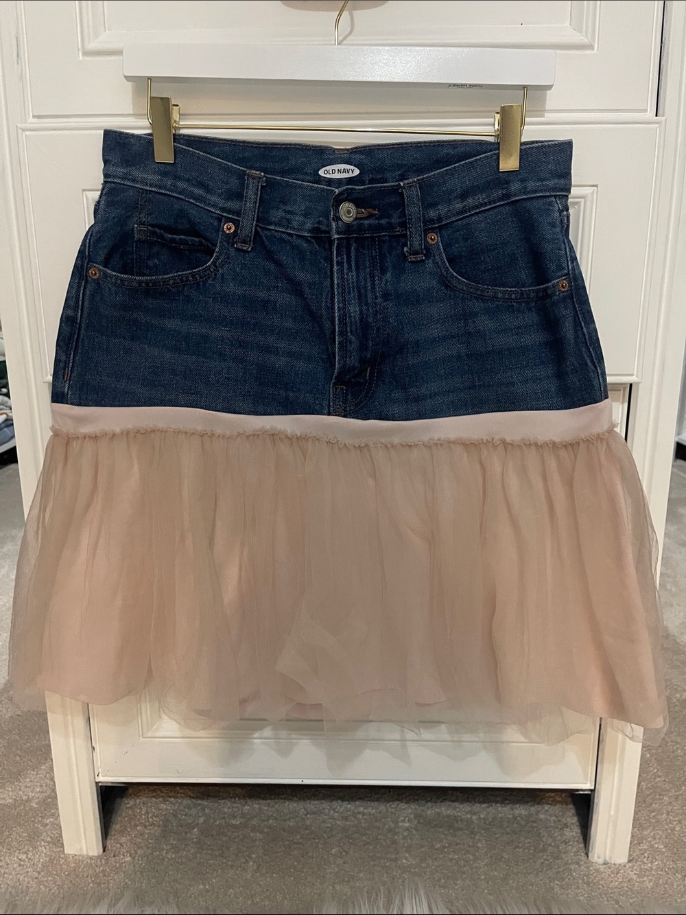 Old Navy Dark Blue Denim and Blush Tulle Mini Skirt